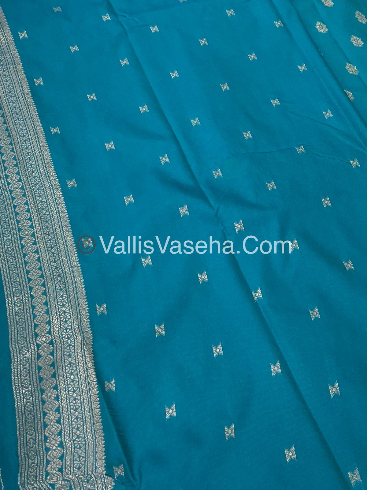Semi Soft Silk - Peacock Butta Border - Turquoise blue Shade -VVSSS014