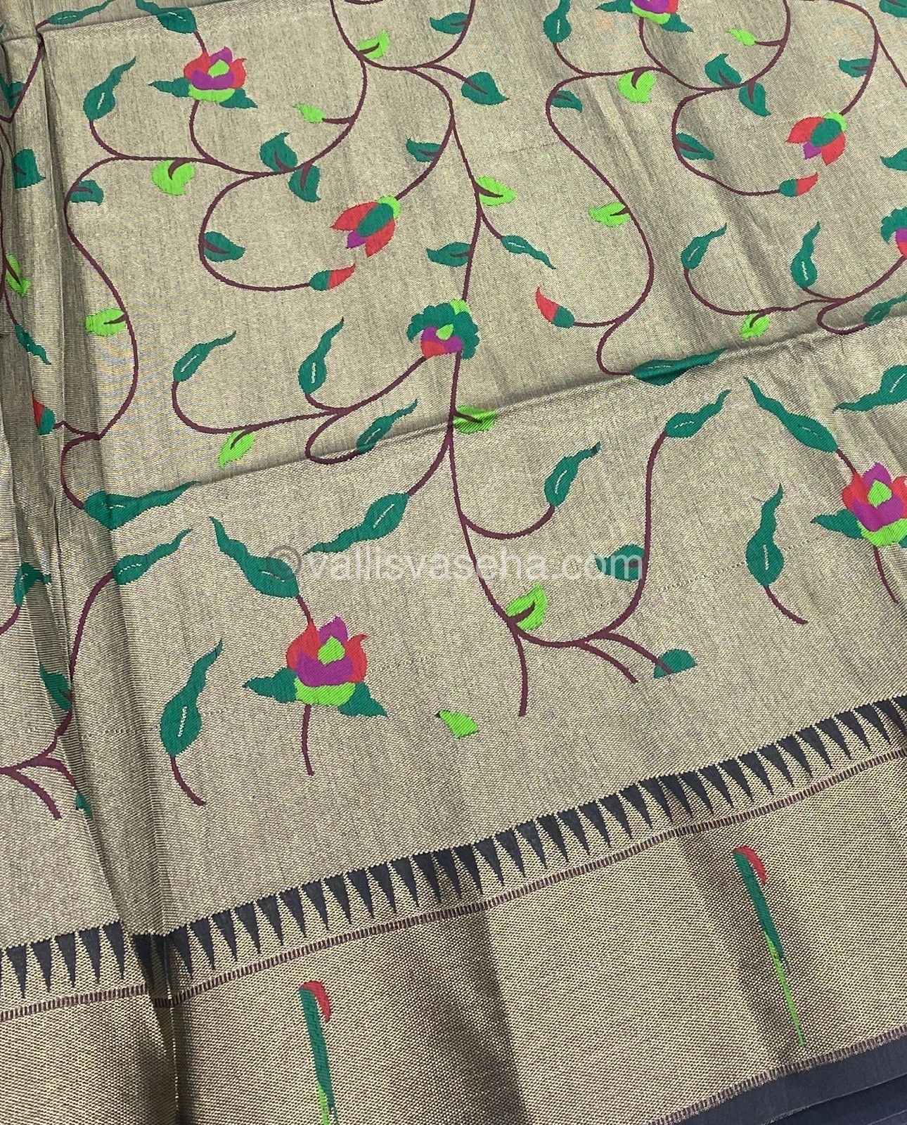 Semi Raw Silk - Paithani Design Weaving - Black Shade - VVRS005