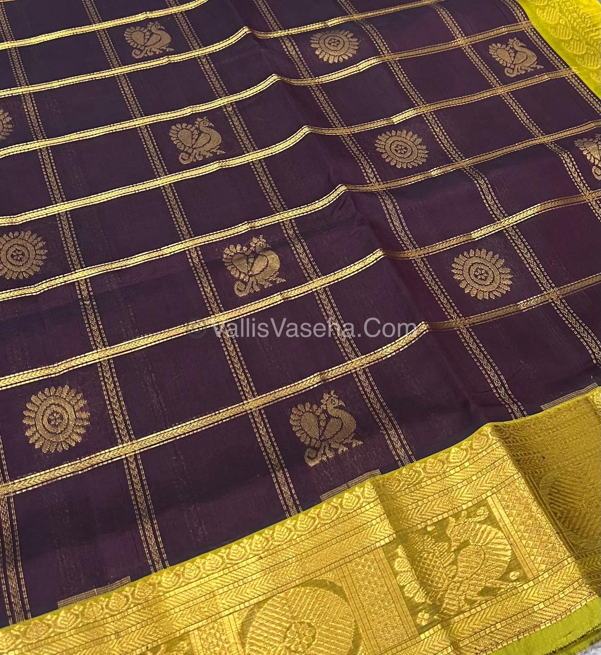 Pure Silk Cotton Saree - Mayil & Chakkaram Design - Brown With Yellow Combo -VVMC003