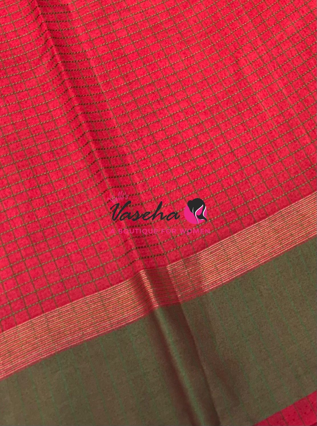 Semi Silk Saree - Thread Work Weaving - Reddish Pink With Green - VVSSS0038