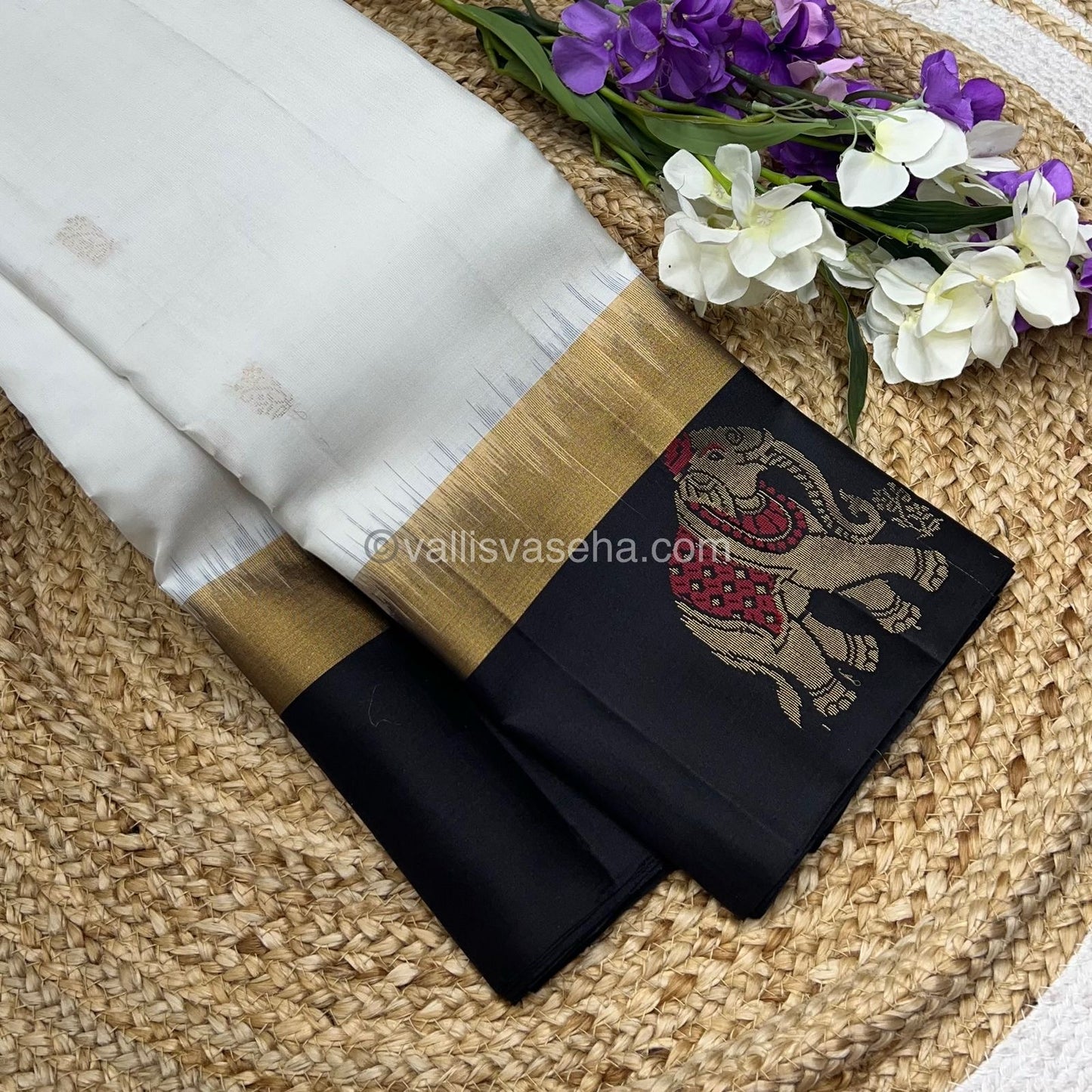 Pure Soft Silk Saree - Half White with Black - VVPSS028