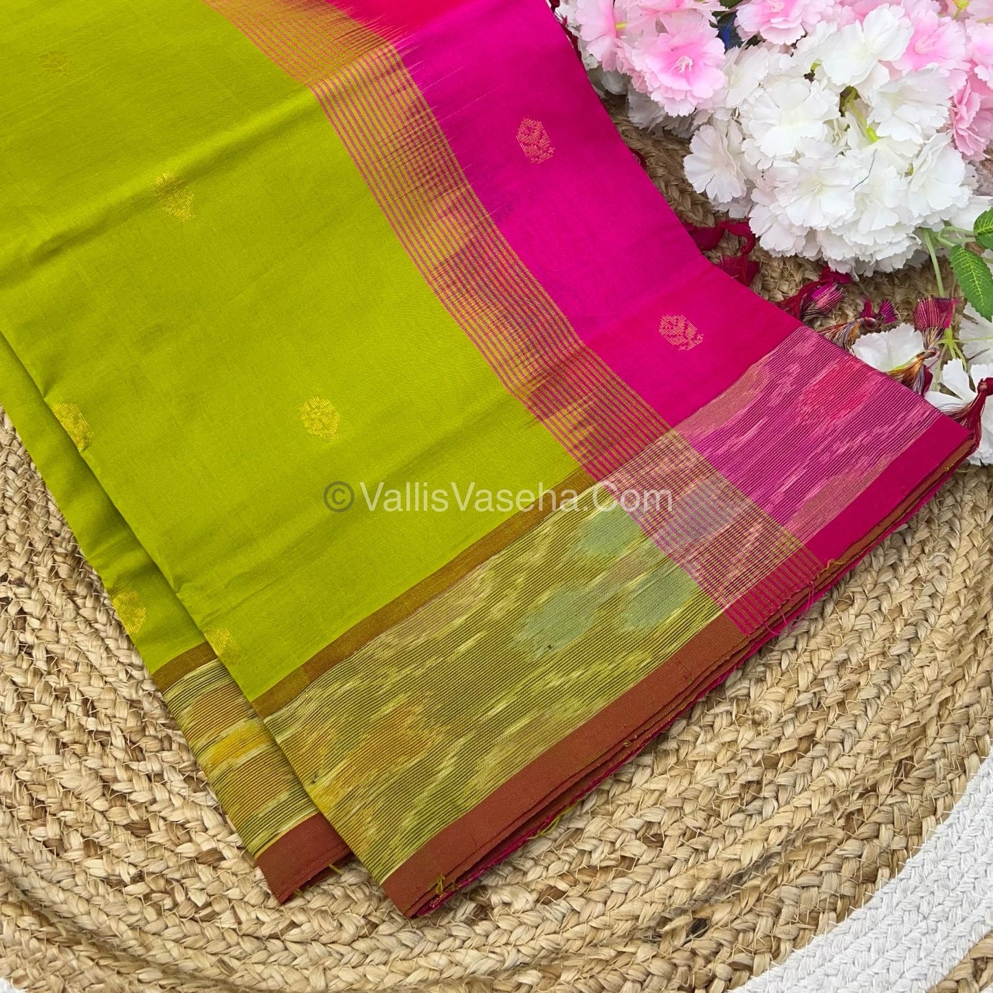 Semi Silk Cotton Saree - Green & Pink - VVSSC001