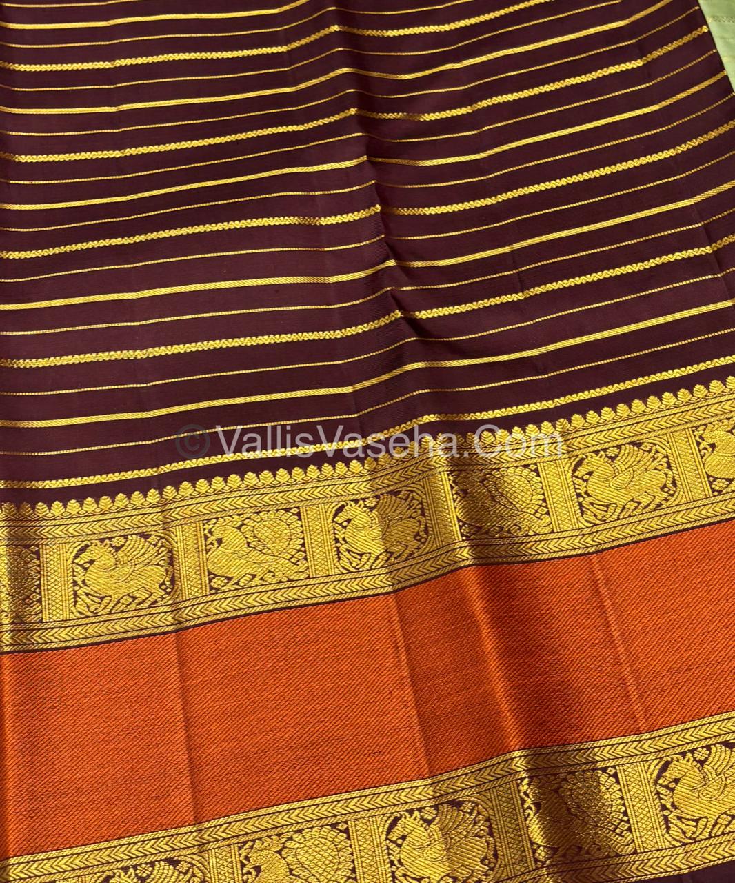 Pure Vintage Korvai Kanchipuram Silk Saree - Pastel Green & Wine Brown Combo - VVPS034