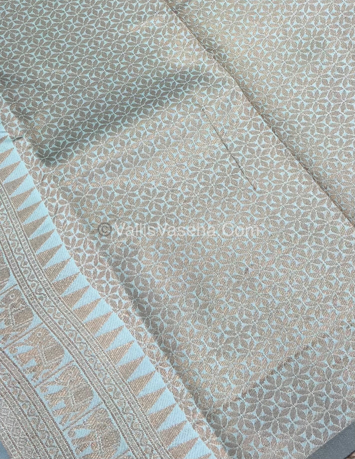 Semi Silk Saree - Kanchi Silk Style - Elephant Border - Light Peach with Light Blue - VVSSS005