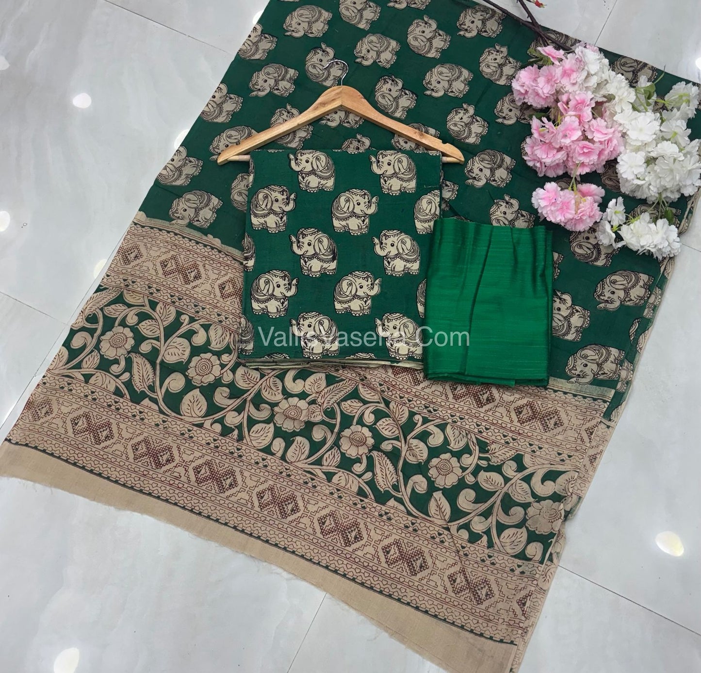 Unstitched Salwar Material -Kalamkari & Raw Silk - Green Shade - VVUSM018