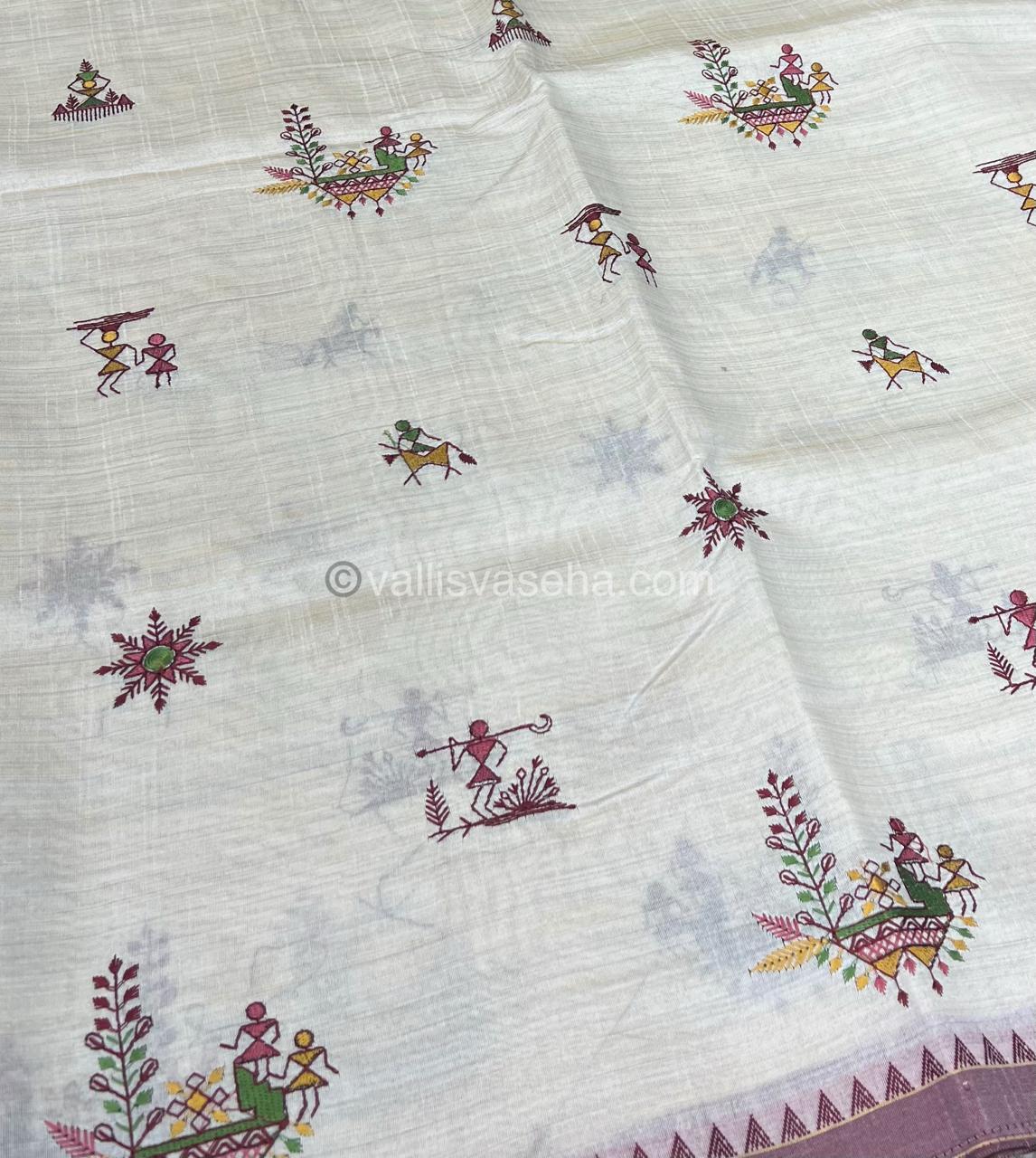 Semi Tussar Embroidery - Cream with Merun Combo - VVSTE001