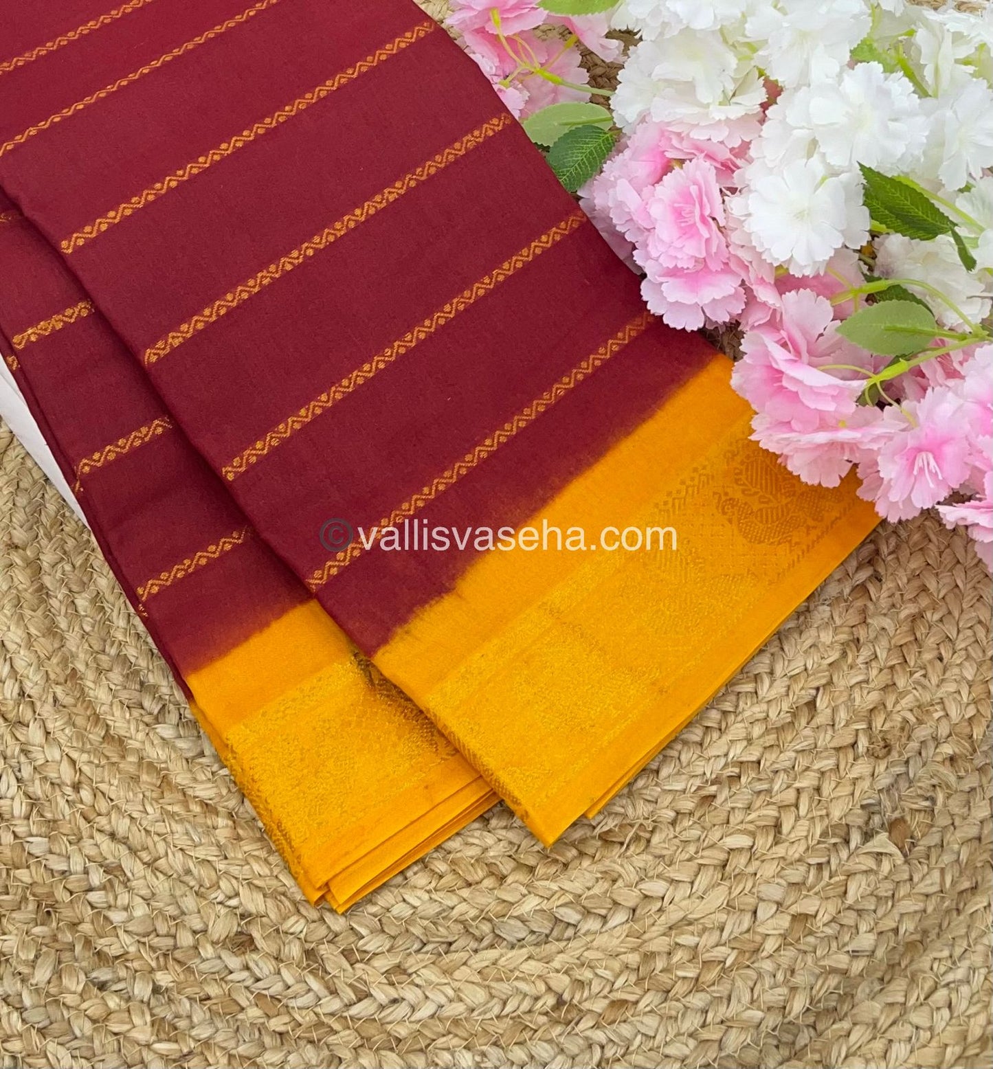 Sungudi Cotton Saree | Velthari Design - Maroon with Mustard Yellow Shade - VVSCV001