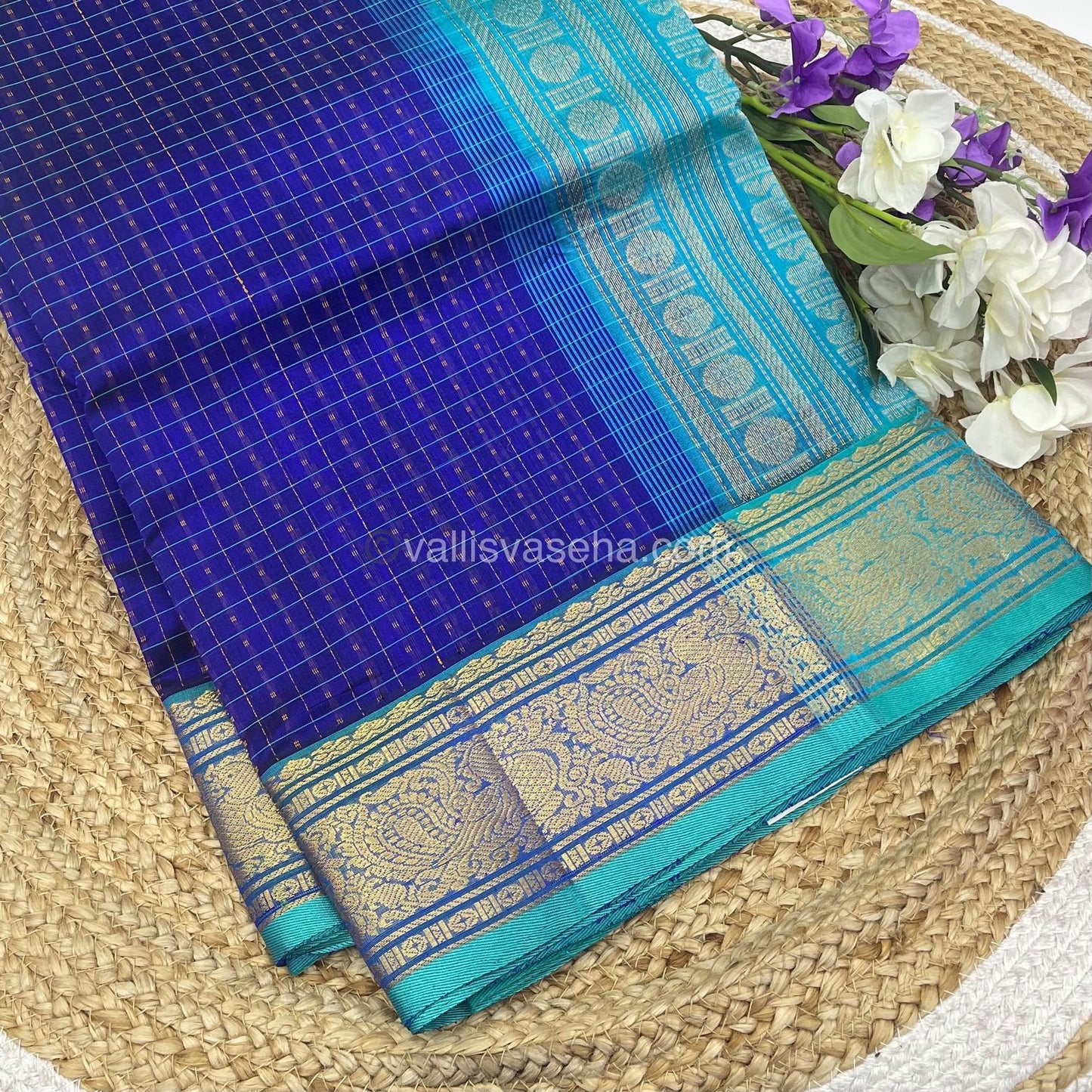 Pure Silk Cotton Saree - Blue With Blue - Lakshadeepam Design - VVPLD001