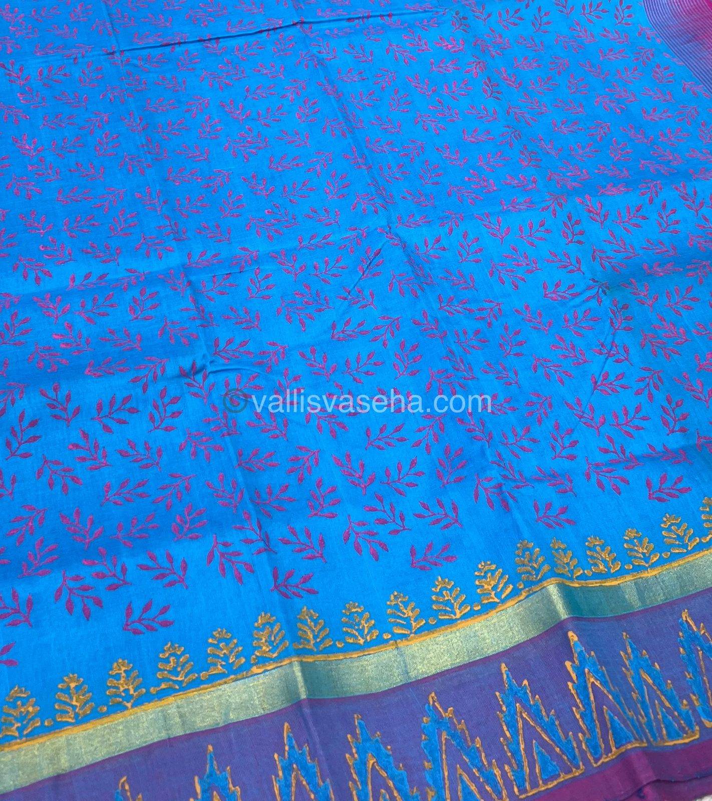 Pure Printed Silk Cotton Sarees - Blue With Pink - VVPSC003