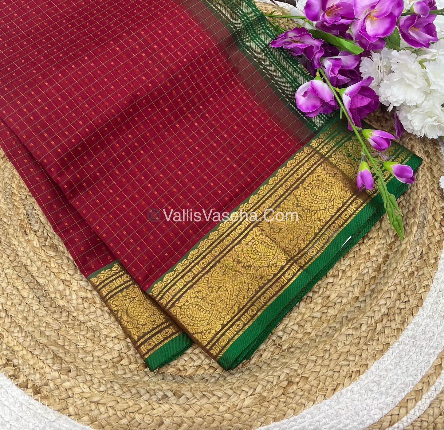 Pure Silk Cotton Saree - Maroon With Green Shade - Lakshadeepam Design - VVPLD001
