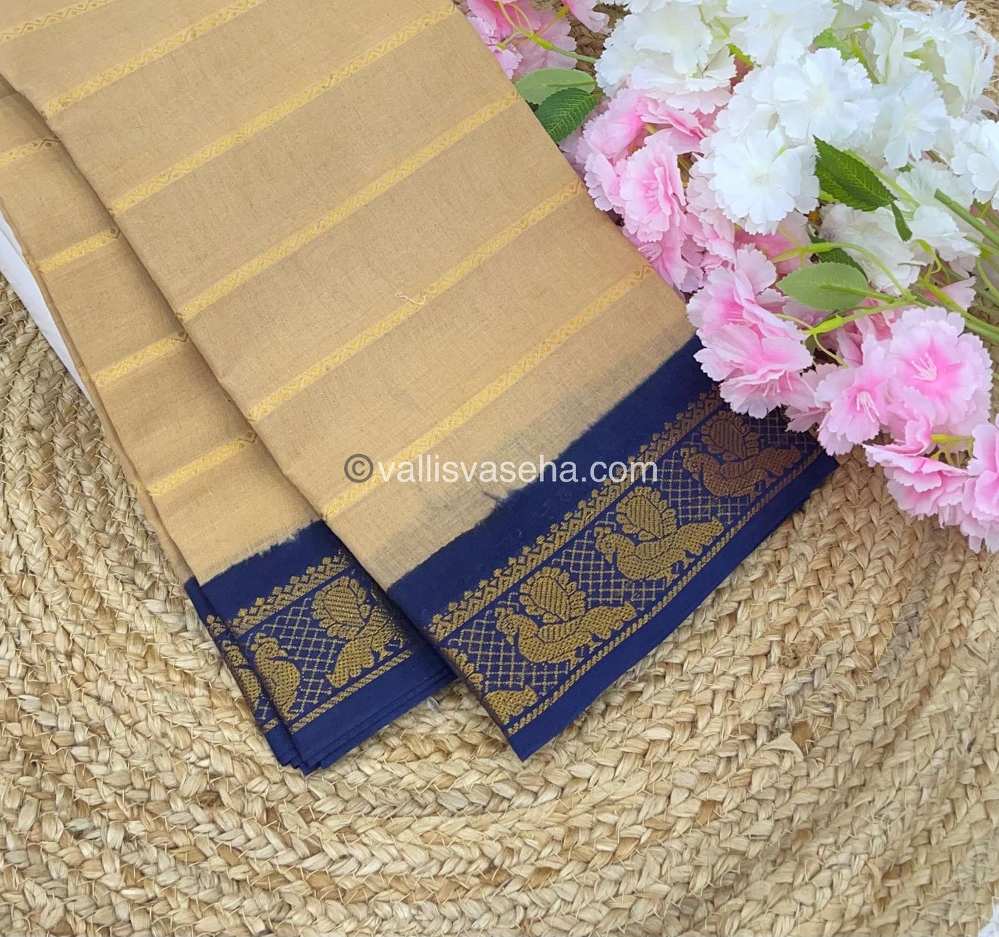 Sungudi Cotton Saree | Velthari Design - Sandel with Navy Blue Shade - VVSCV001