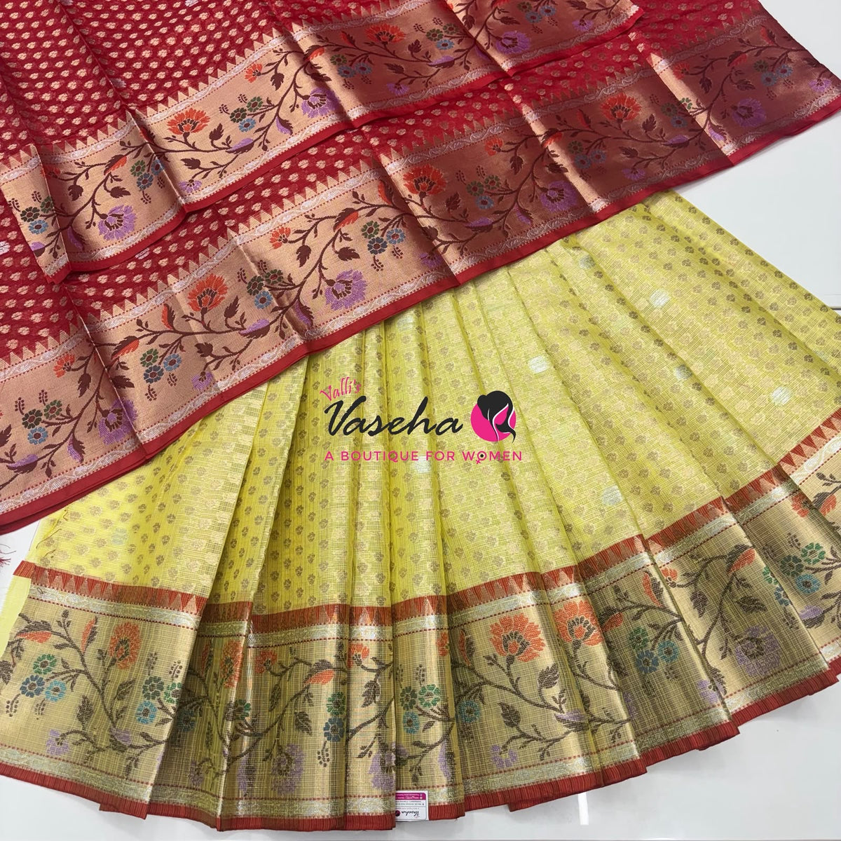 Unstitched - Lehenga Material - Zari Kota Tissue - Yellow & Red - VVULM001