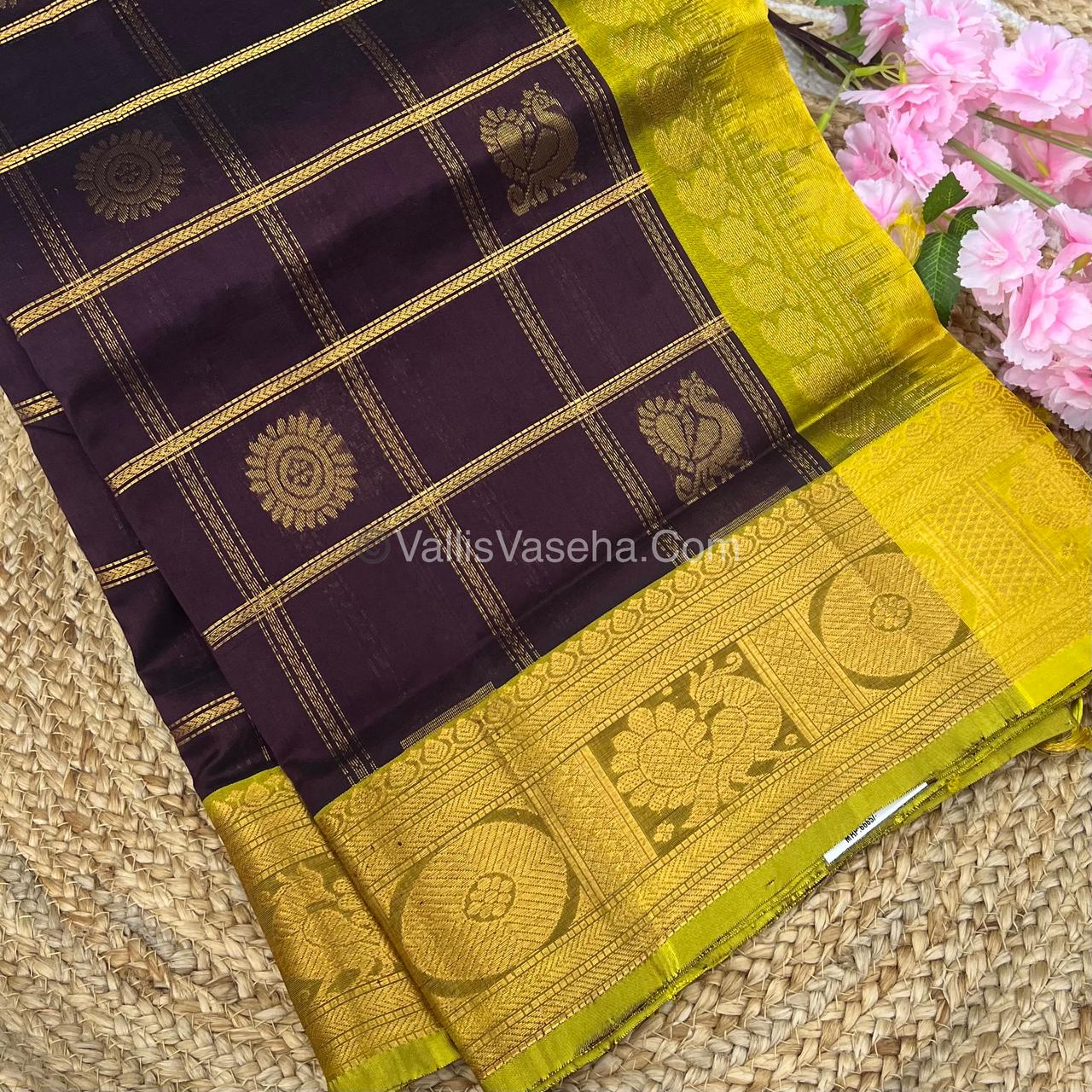 Pure Silk Cotton Saree - Mayil & Chakkaram Design - Brown With Yellow Combo -VVMC003