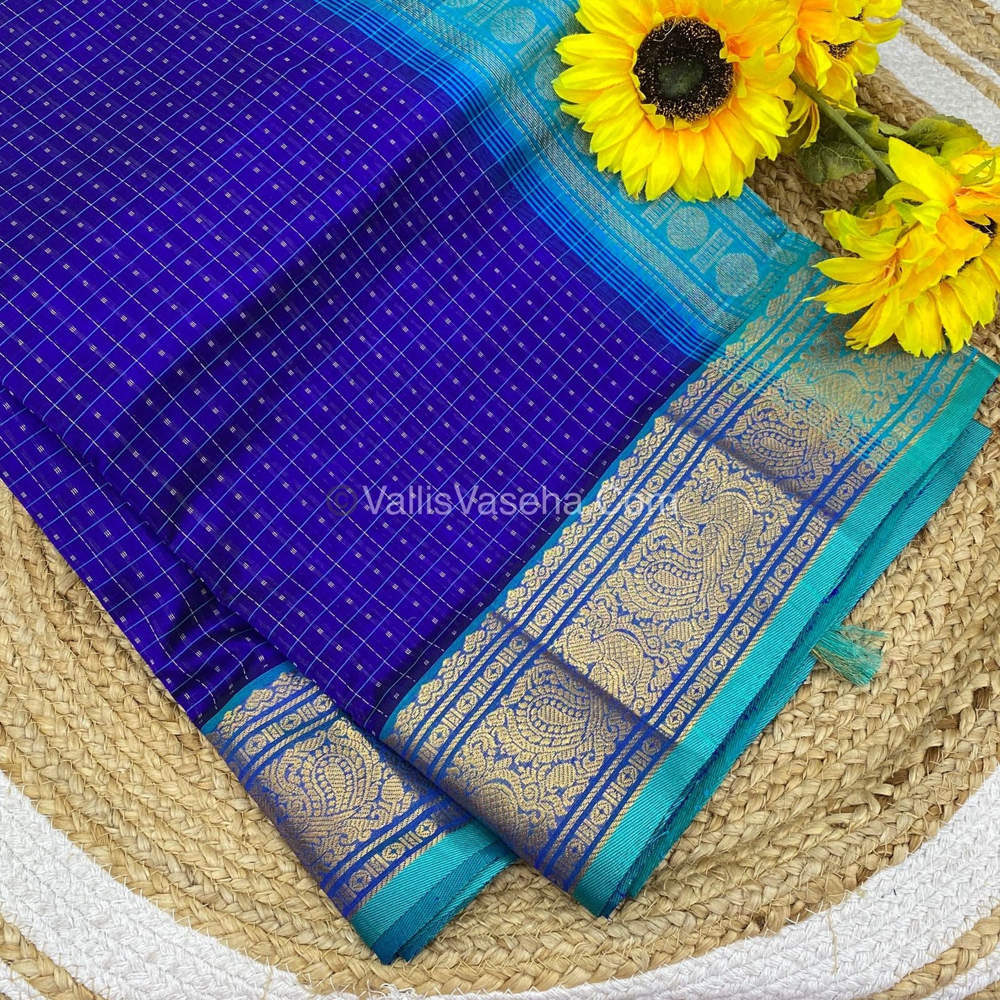 Pure Silk Cotton Saree - Blue with Turquoise Blue - Lakshadeepam Design - VVPLD001