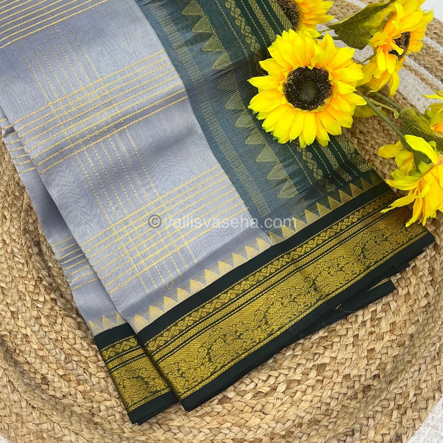 Pure Korvai Silk Cotton - Zari checks lines - Grey & Green Combo - VVKSC010