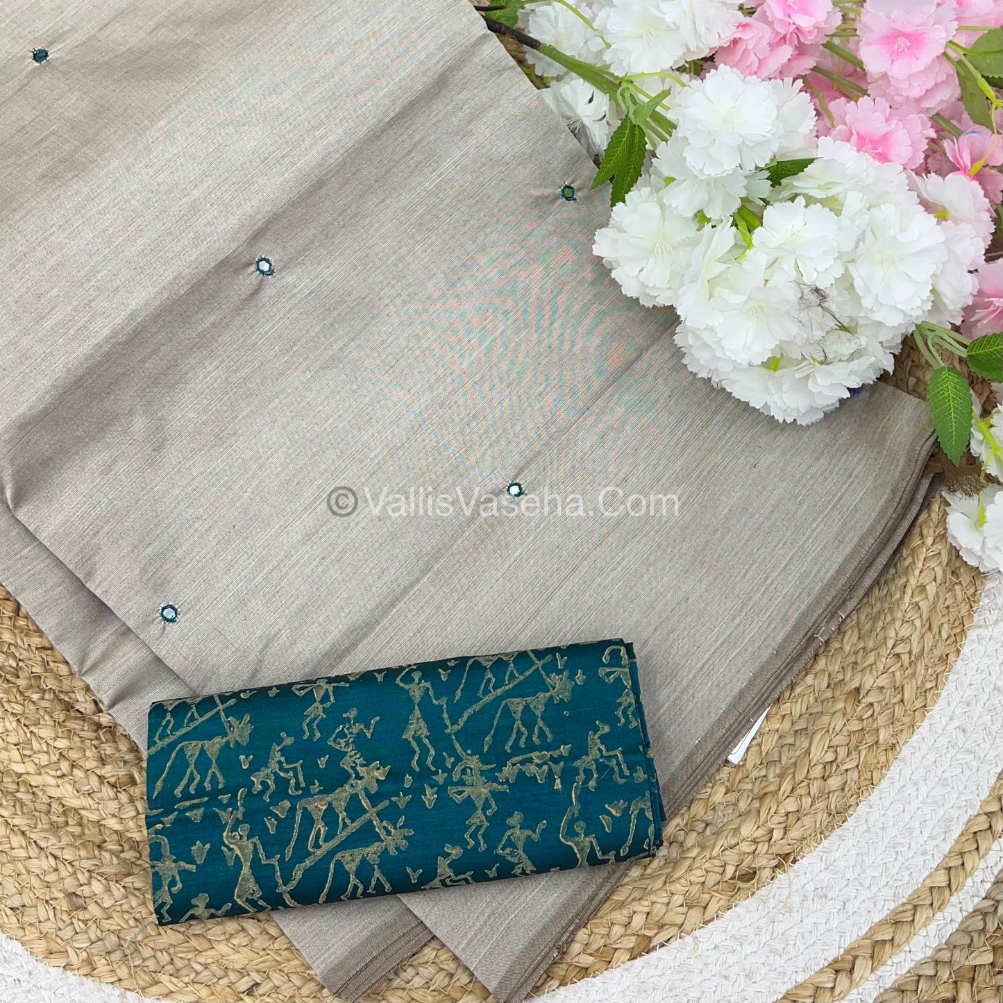 South Mixed Cotton - Mirror Work Embroidery - Cream With Green - VVPCM002