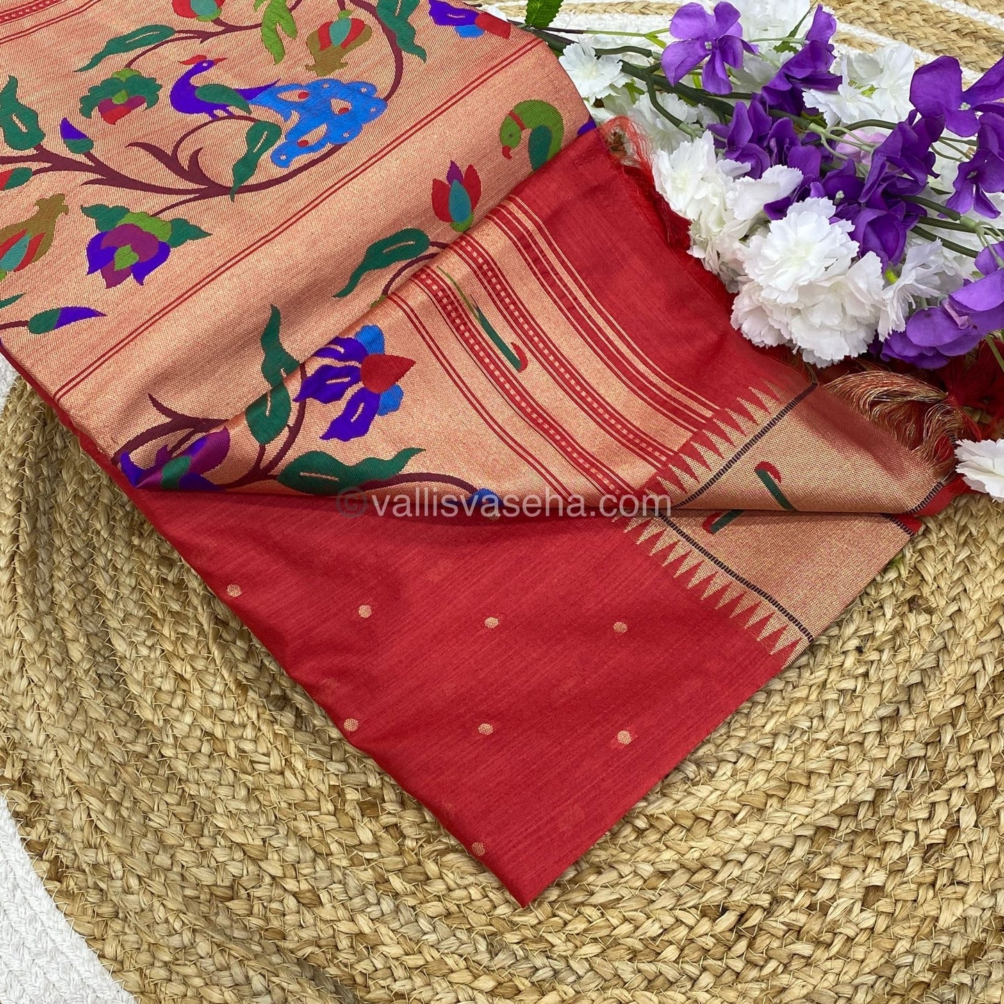 Semi Raw Silk - Paithani Design Weaving - Red Shade - VVRS005