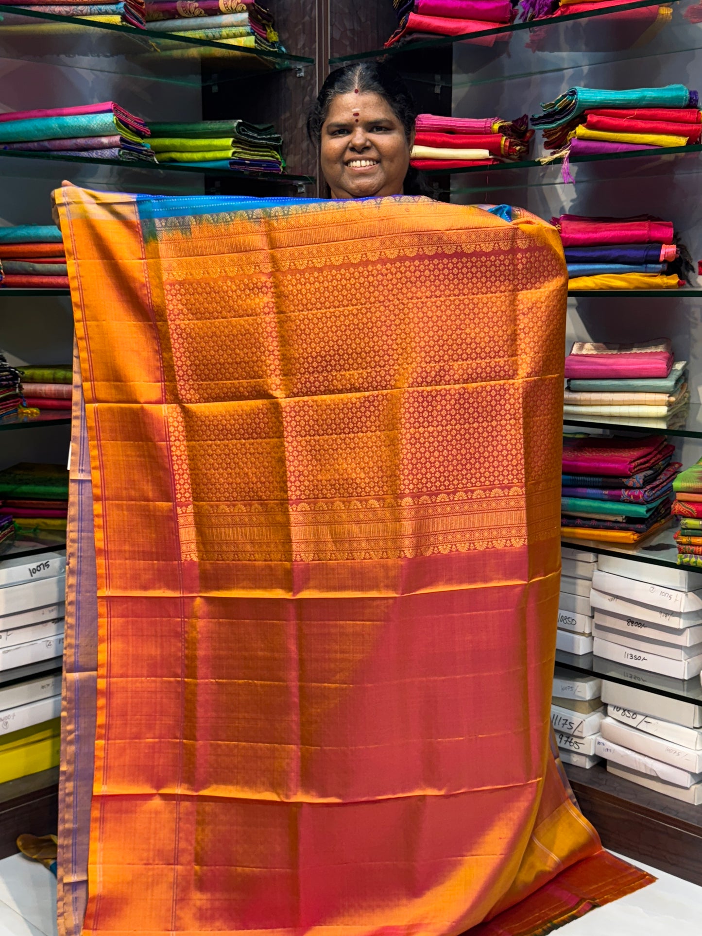 Pure Soft Silk Saree - Vaira Voosi Design - Blue & Peachish Orange Combo - VVPSS021