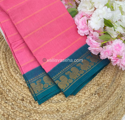 Sungudi Cotton Saree | Velthari Design - Pink with Dark Peacock green Shade - VVSCV001