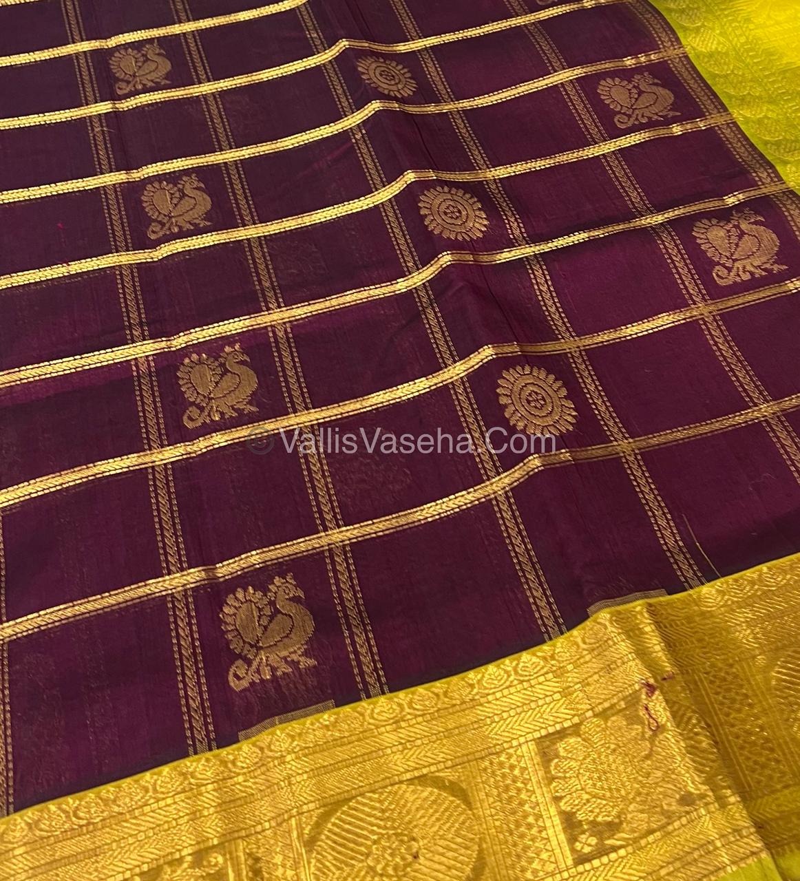 Pure Silk Cotton Saree - Mayil & Chakkaram Design - Meroon With Yellow Combo -VVMC003