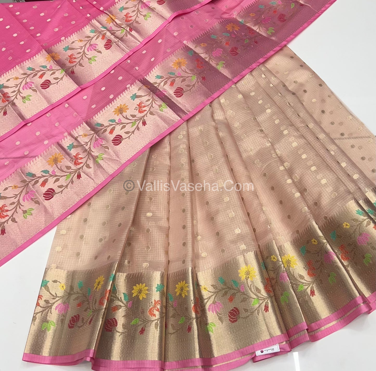 Unstitched - Lehenga Material - Zari Kota Tissue - Light Creamish Pink & Pink - VVULM001
