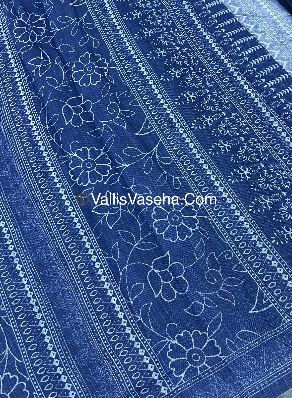 Linen Mixed Cotton Saree - Indigo Blue - Printed - VVLMP001