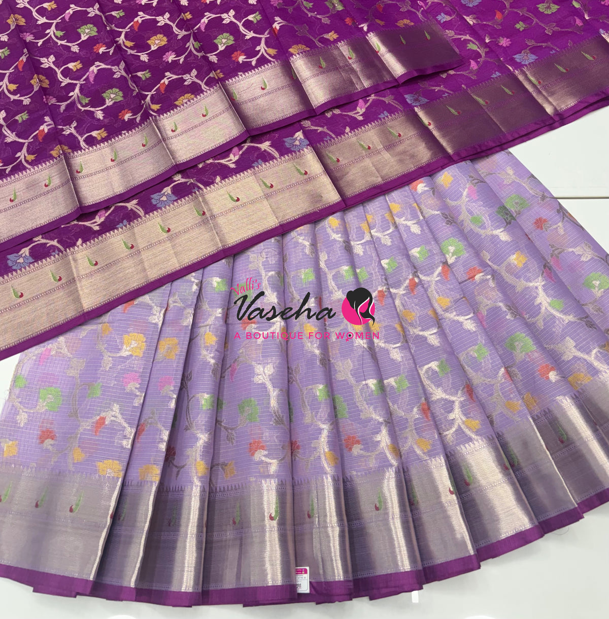 Unstitched - Lehenga Material - Zari Kota Tissue - Lavender & Purple - VVULM003