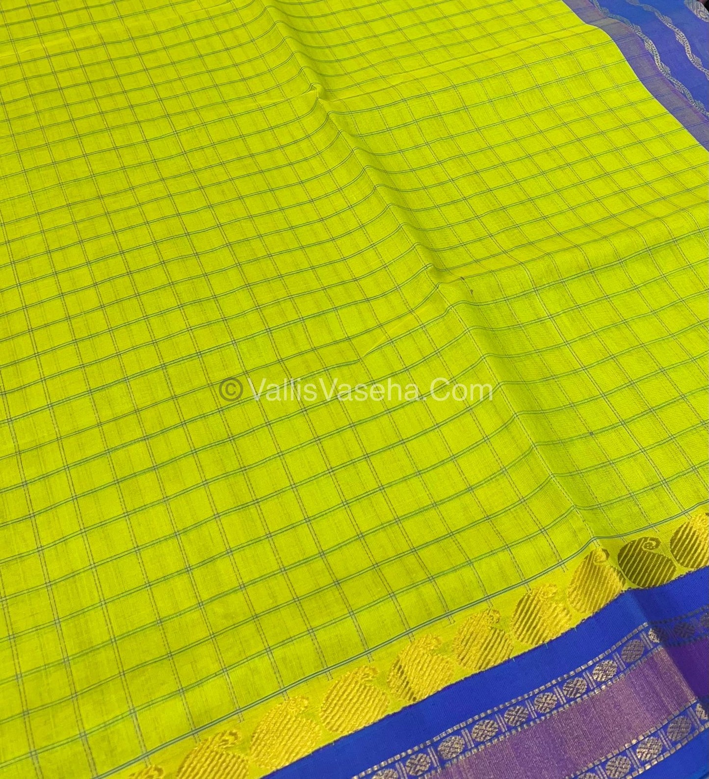 Pure Korvai Silk Cotton - Pista Green with Blue - Checks Pattern - VVKSC008