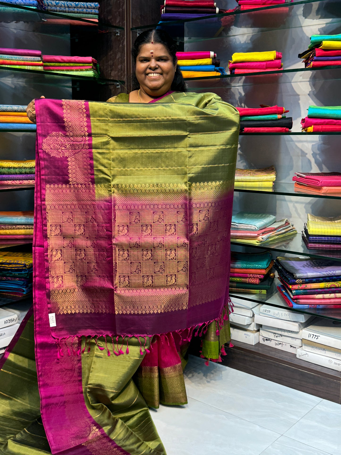 Pure Soft Silk Saree - Green with Purplish Pink - VVPSS022