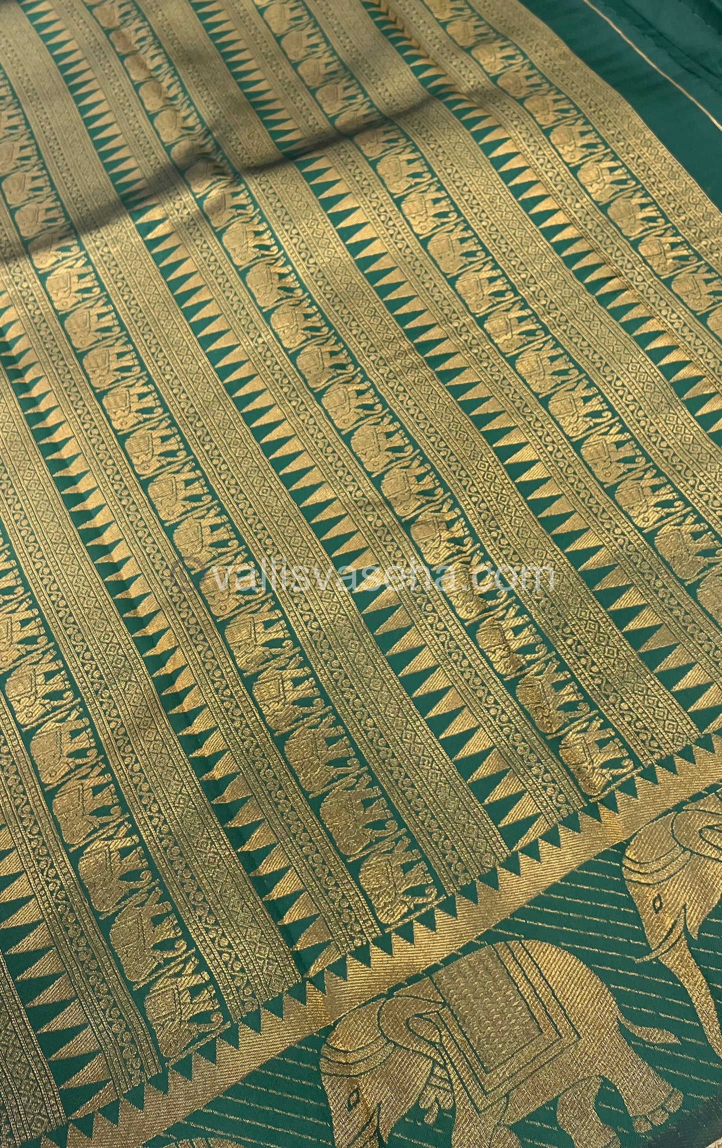 Semi Silk Saree - Kanchi Silk Style - Elephant Border - Yellow with Green - VVSSS005