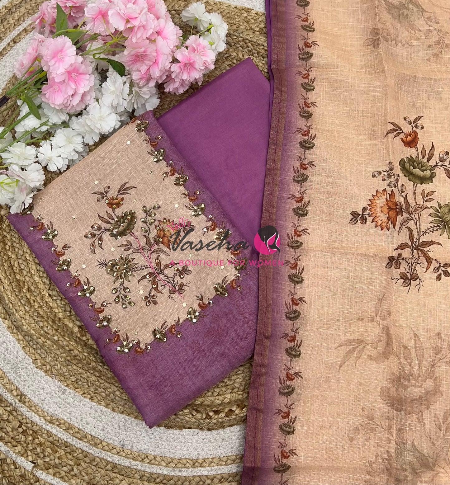 Unstitched Linen Tissue Material | Pinkish Lavender With Cream | VVUSM049