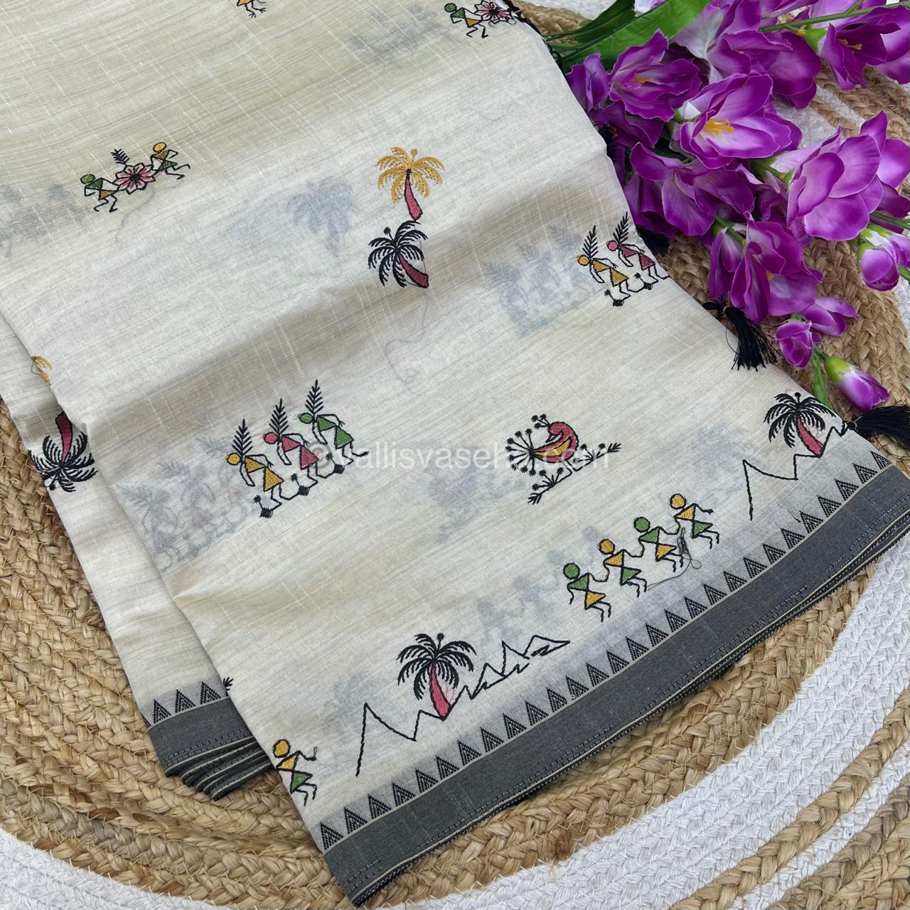 Semi Tussar Embroidery - Cream with Greyish Black Combo - VVSTE001