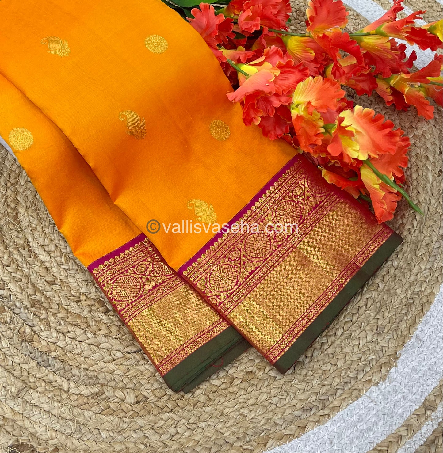 Pure Kanchipuram Silk Saree - Orangish Yellow & Pink Shade - VVPS010