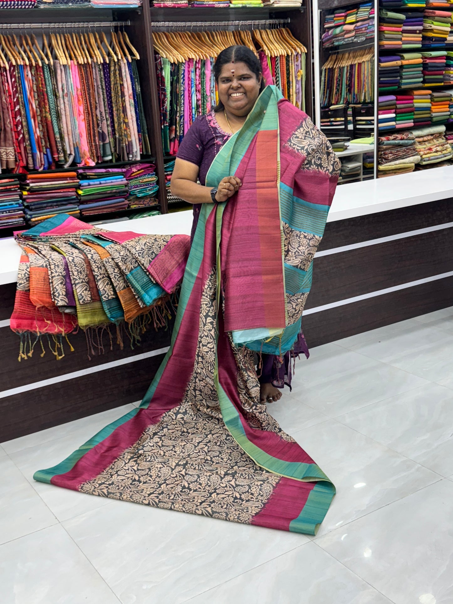 Semi Tussar -Pink & Teal Blue Border - VVSTS005