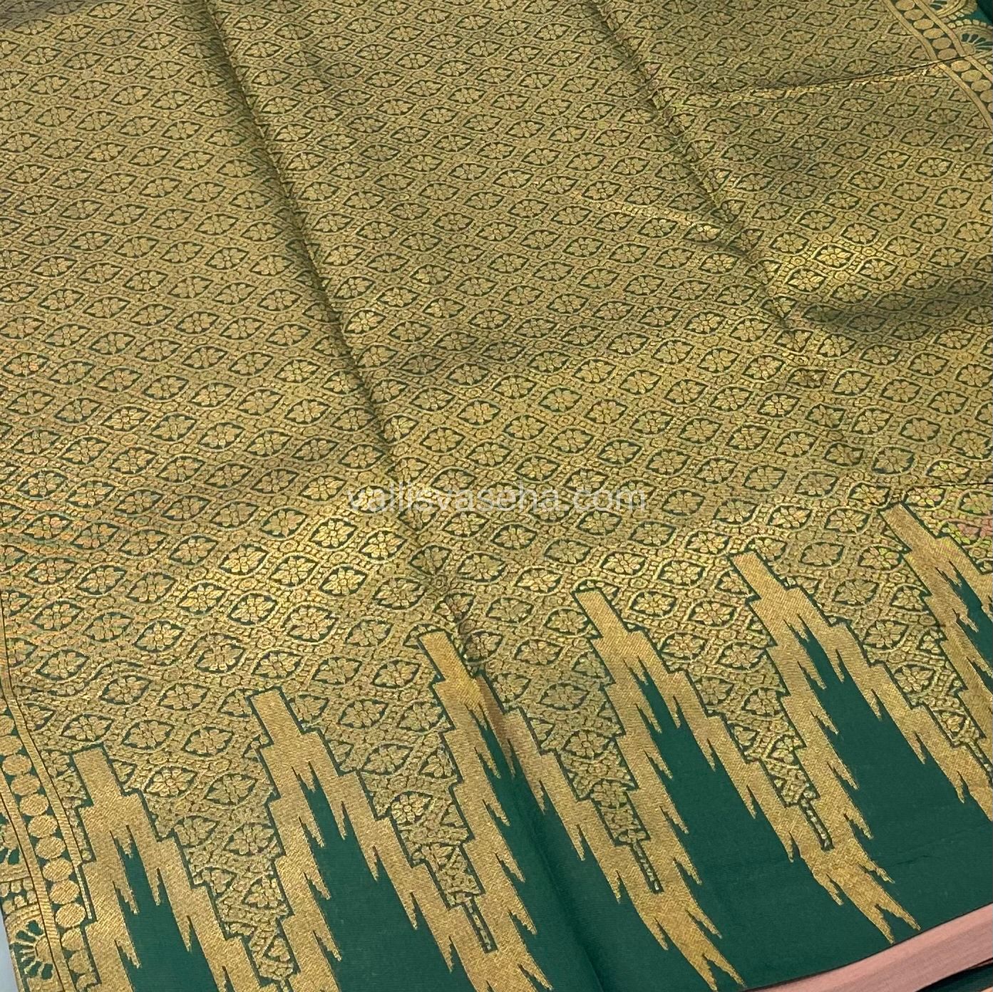Kanchi Semi Silk - Peach with Green - Temple Border - VVKSS001