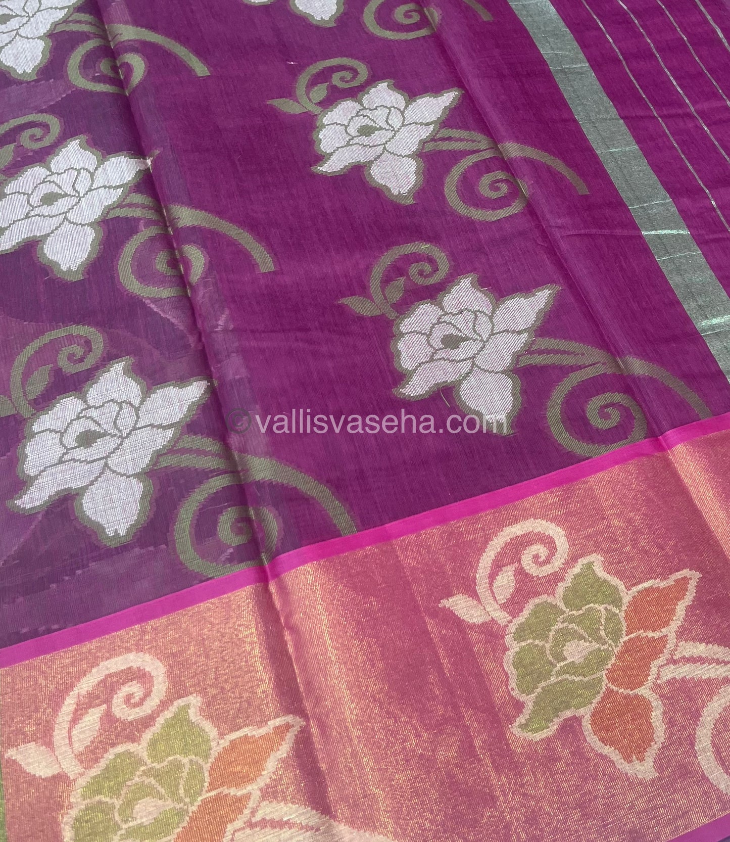 Banarasi Pochampally Weaving Semi Soft Cotton Saree - Green With Purplish Pink - VVBPS001