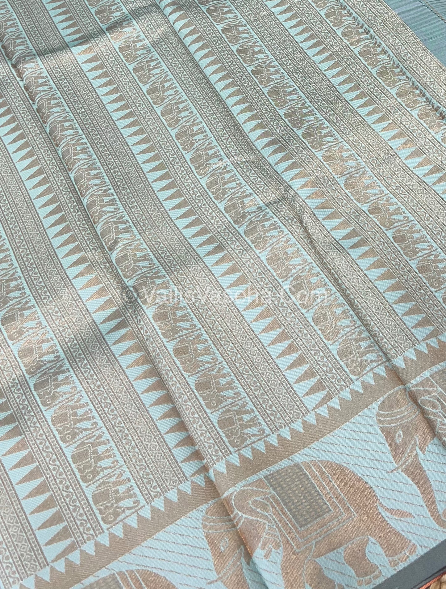 Semi Silk Saree - Kanchi Silk Style - Elephant Border - Light Peach with Light Blue - VVSSS005