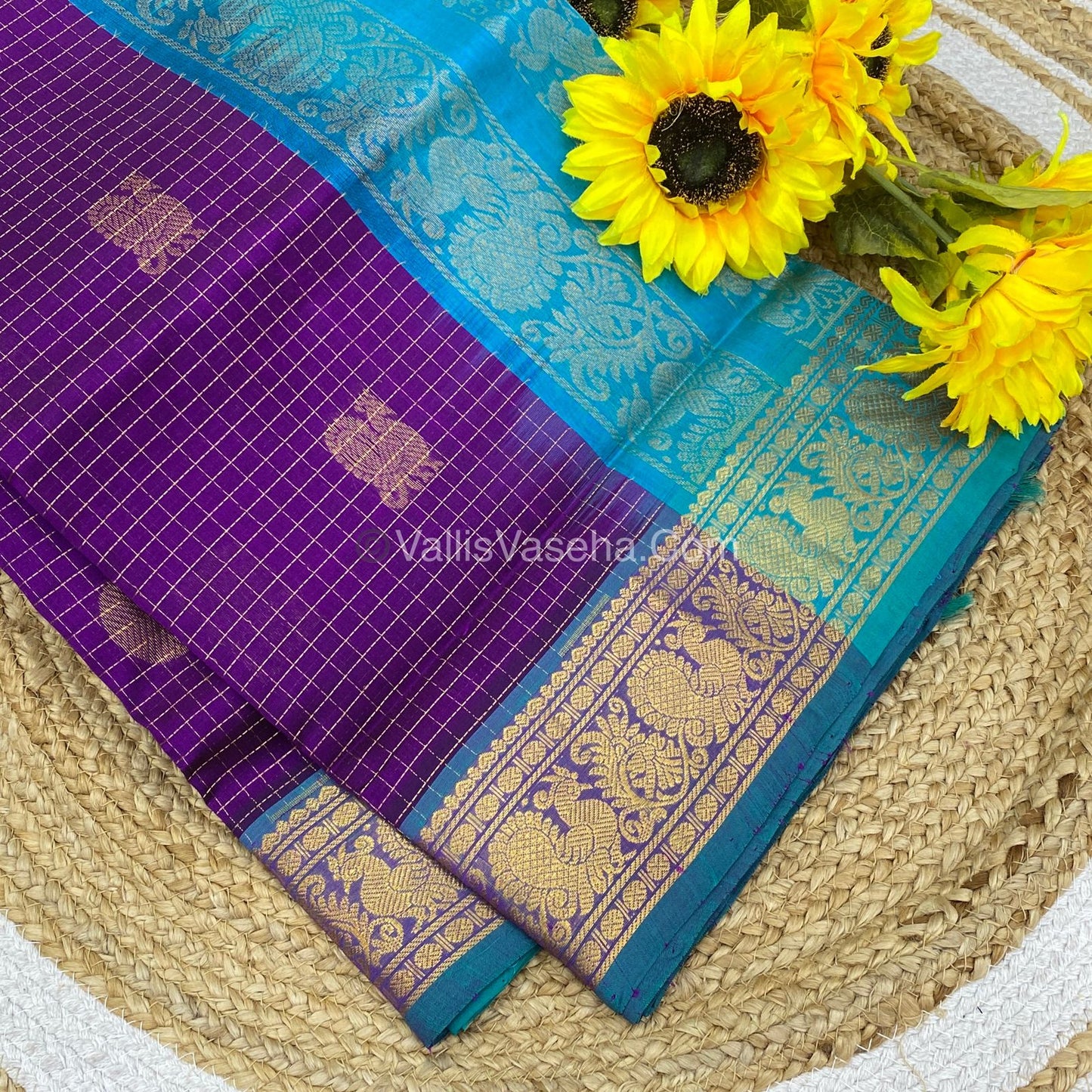 Pure Silk Cotton Saree - Mayil & Chakkaram Design - Purple with Teal Blue Combo - VVMC002