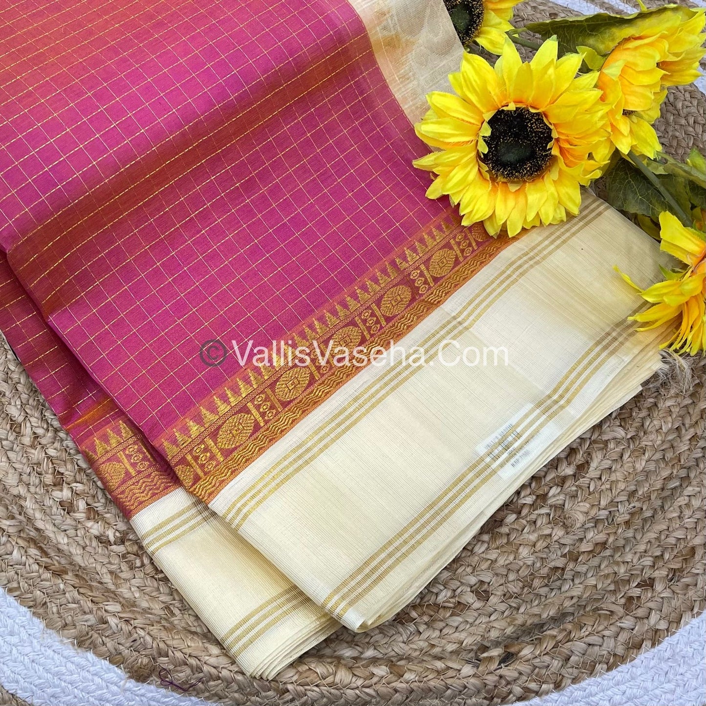 Pure Korvai Silk Cotton - Retta Petta Border - Pink with cream Combo - VVKSC010