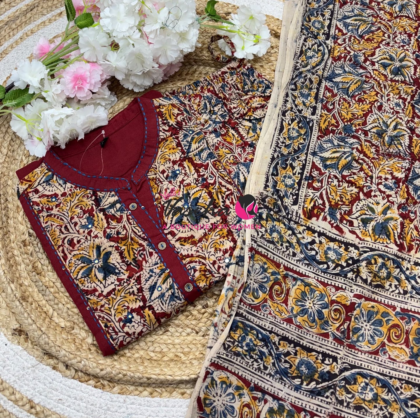 Ready Made - Pure Kalamkari Cotton - Salwar, Kameez & Duppatta(3pc)-Merun - VVRKC002