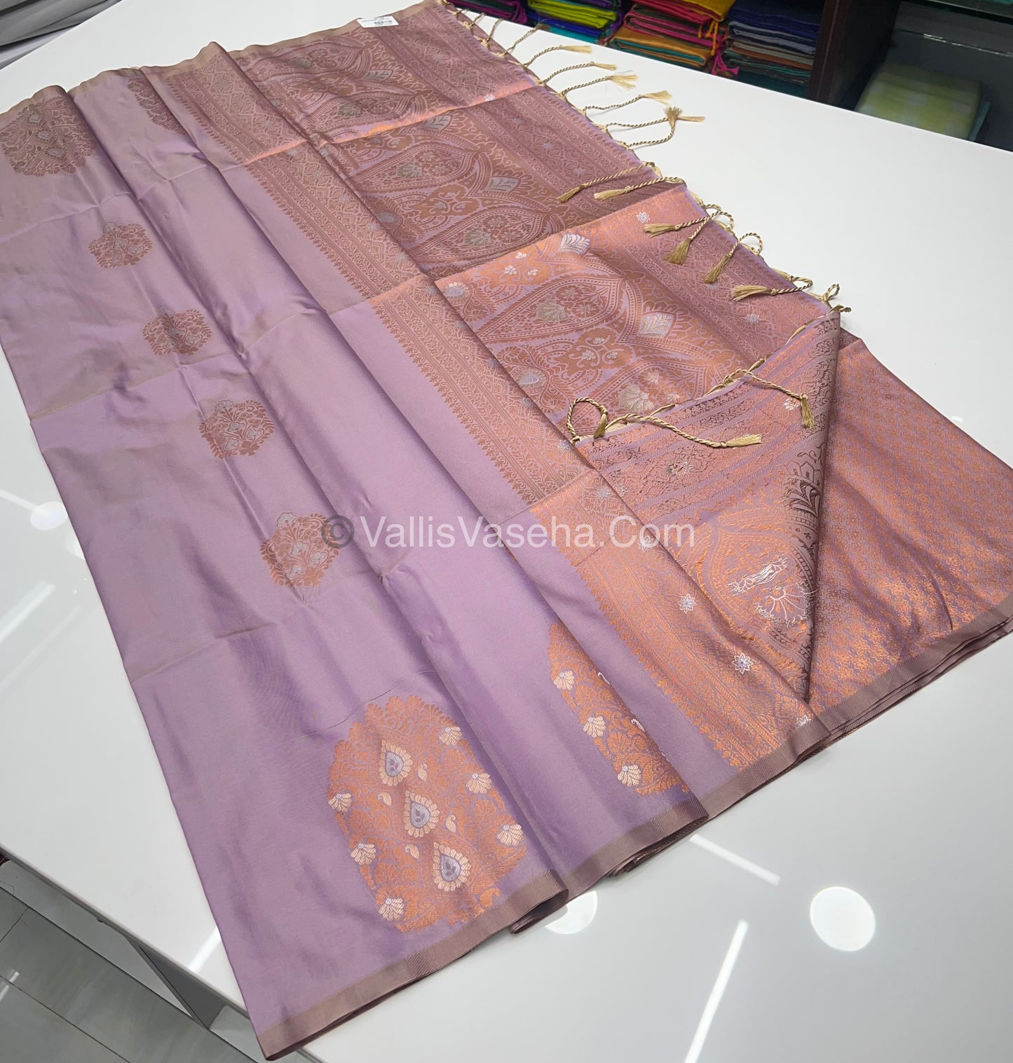 Semi Soft Silk - Border Butta - Lavender Cream Shade -VVSSS010