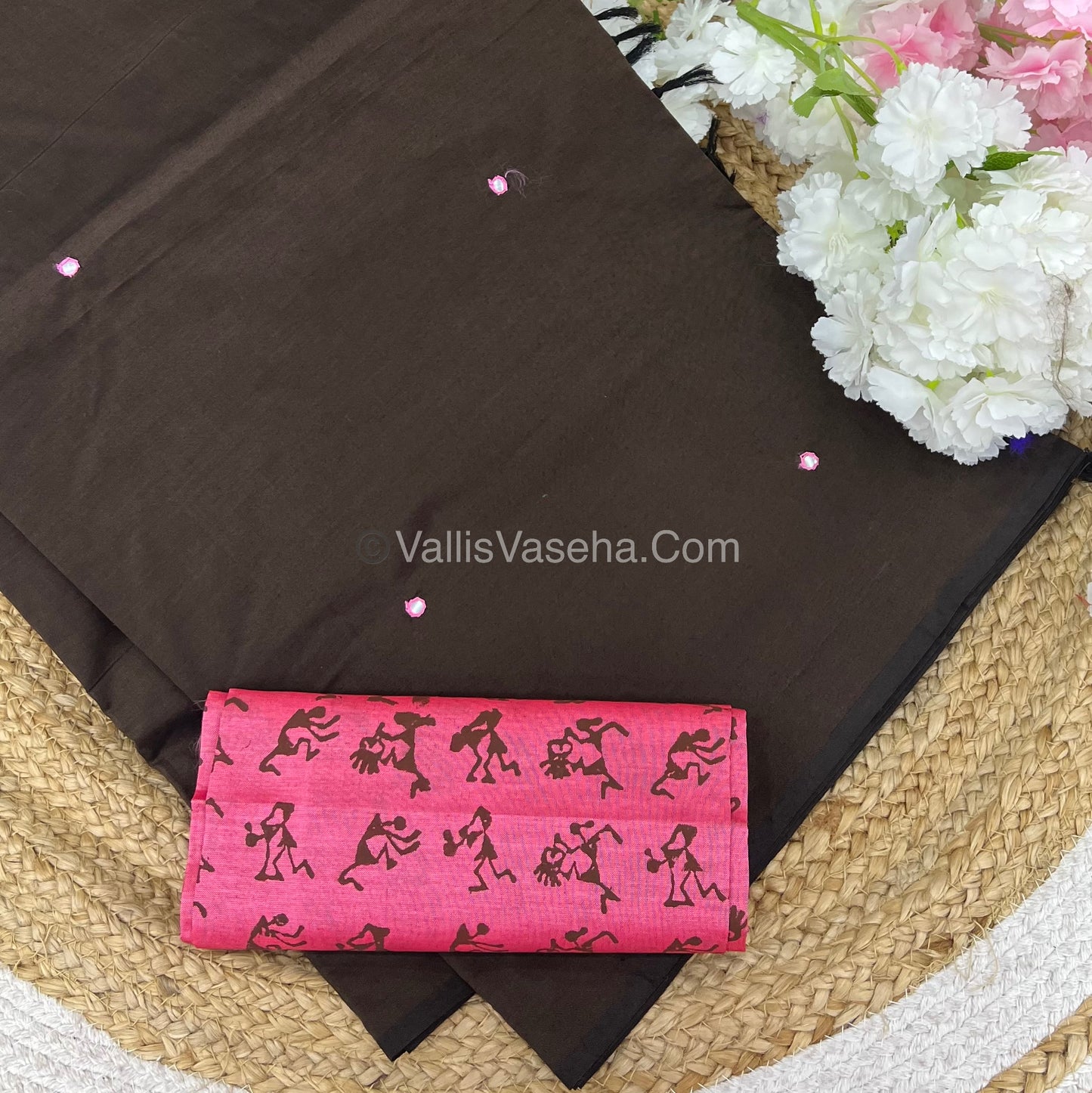 South Mixed Cotton - Mirror Work Embroidery - Brown with Pink- VVPCM002