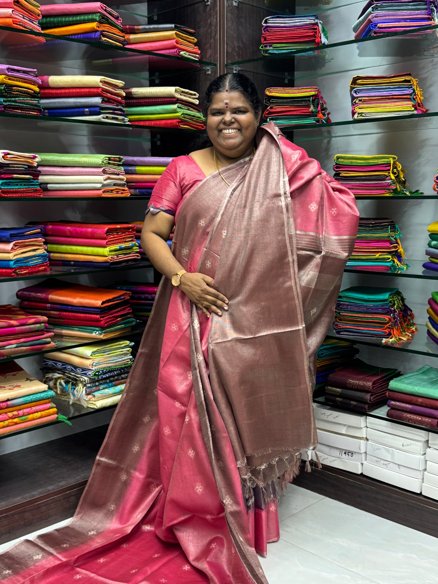 Bhagalpuri Silk - Vaira Voosi Lines - Pink & Chocolate Brown Combo - VVBSV001