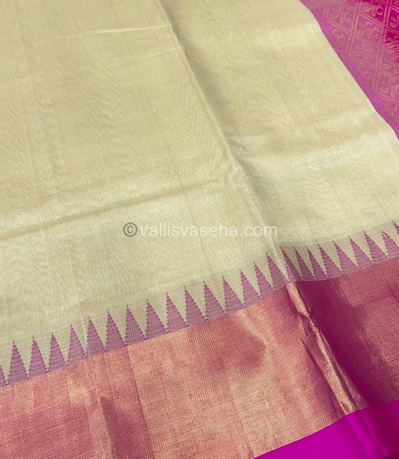 Pure Korvai Silk Cotton Saree - Cream With Pink Shade Temple border - VVKSC001