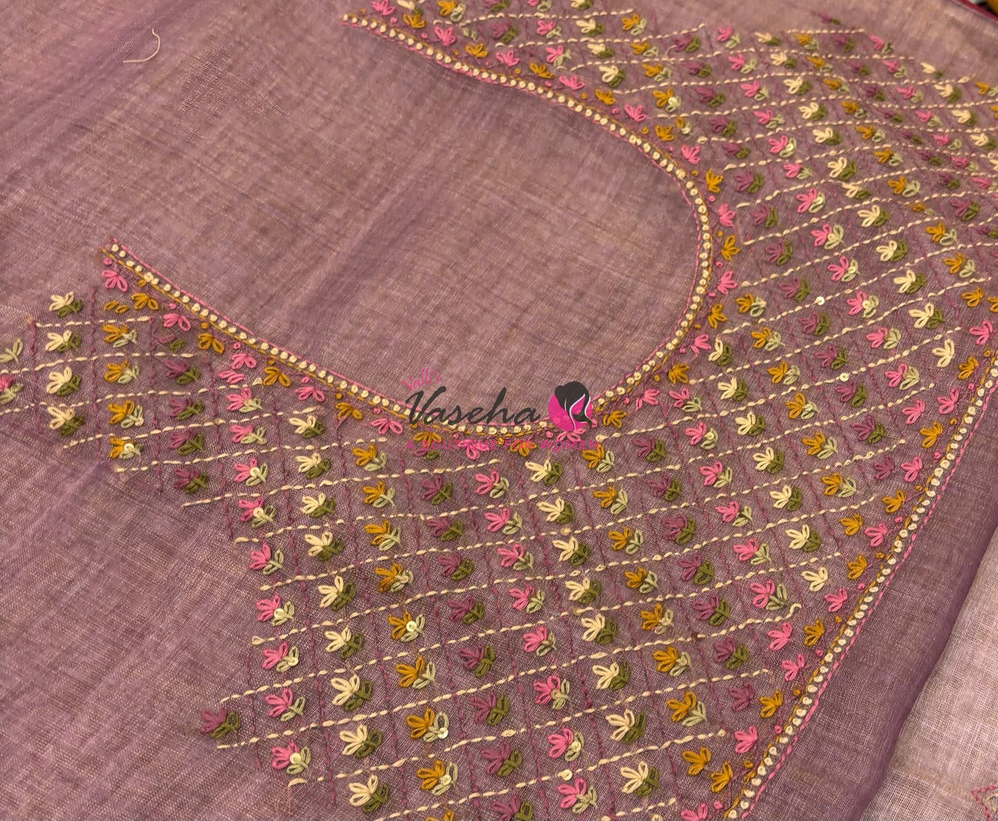 French Knot - Linen Tissue Saree - Light Lavendar Pink Shade - Heavy Work Blouse - VVLFN016