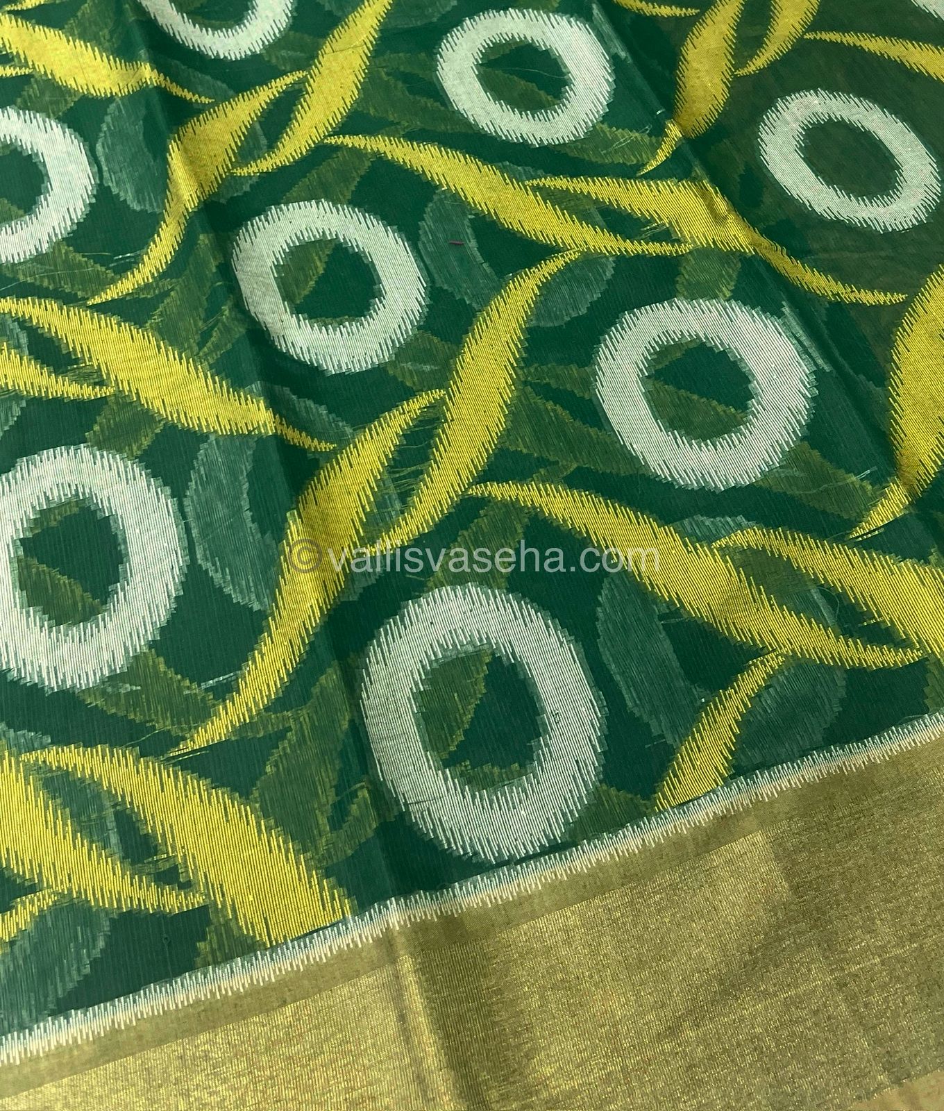 Banarasi Pochampally Weaving Semi Soft Cotton Saree - Green with Mustard Yellow - VVBPS001