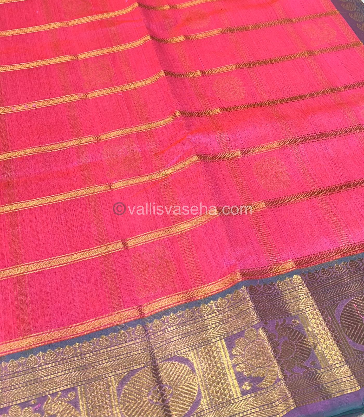 Pure Silk Cotton Saree - Mayil & Chakkaram Design - Peachish Pink With Blue Shade -VVMC003
