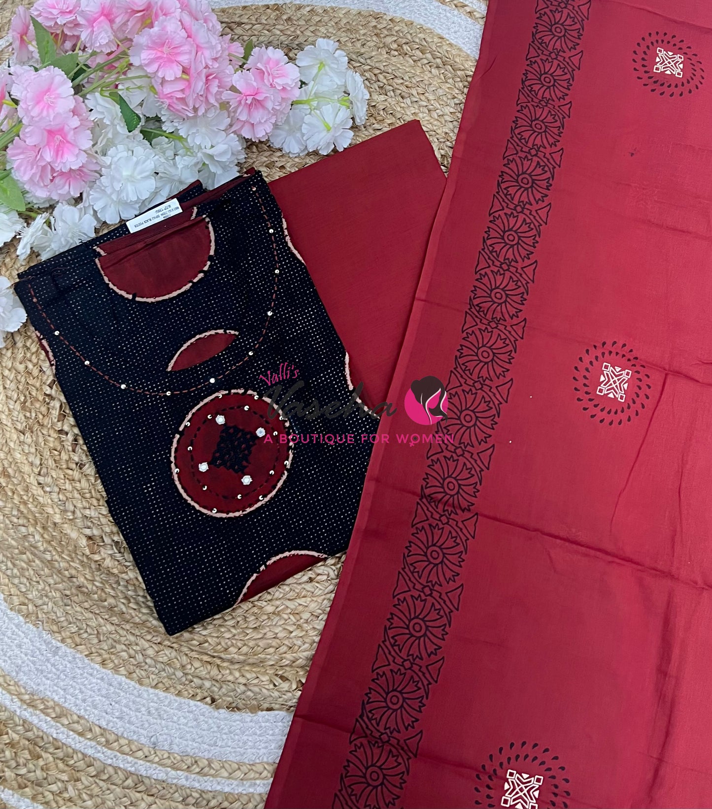 Unstitched Soft Cotton Material | Black With Maroon | VVUSM044