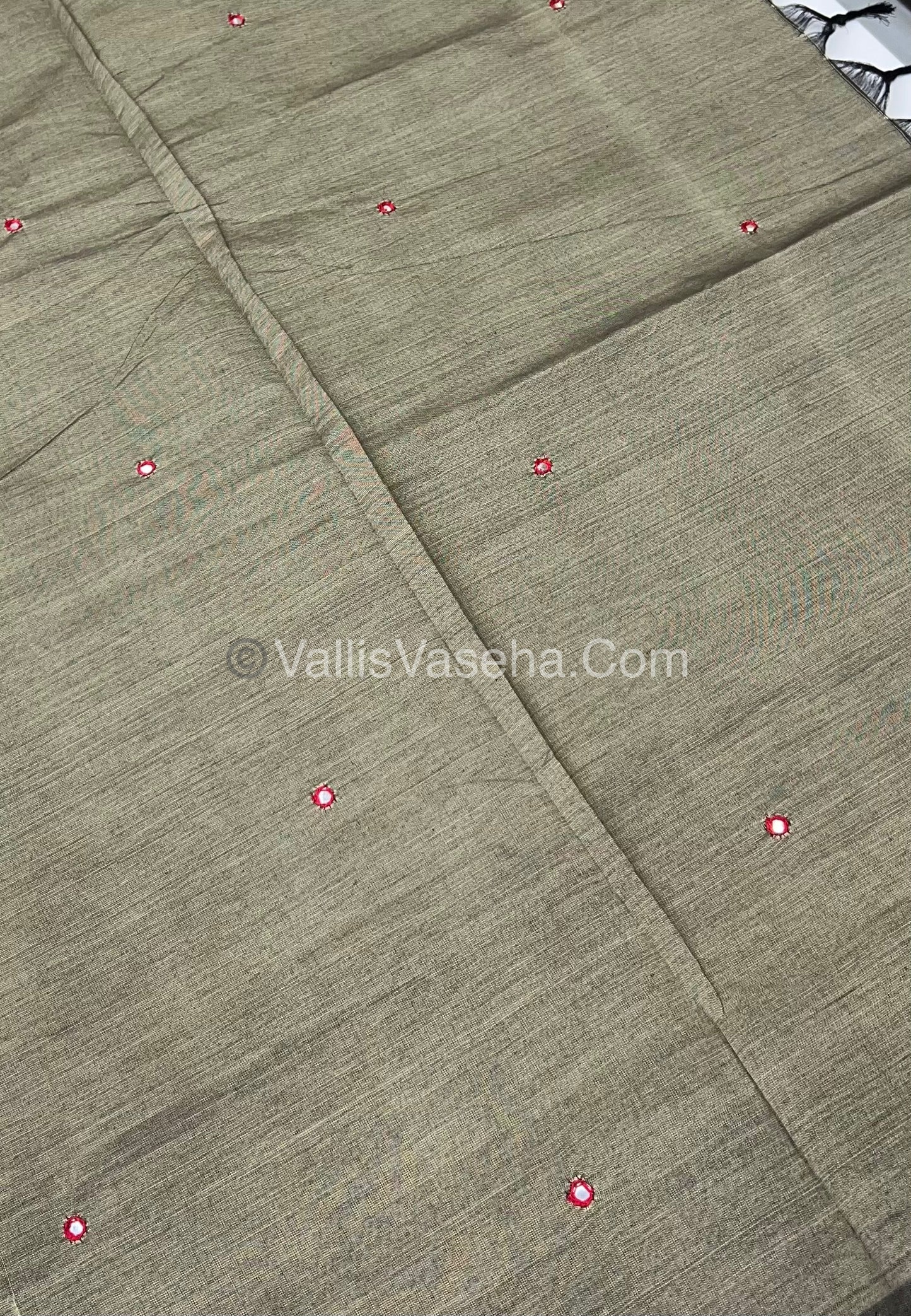 South Mixed Cotton - Mirror Work Embroidery - Grey ( Cement Colour )with Red - VVPCM002