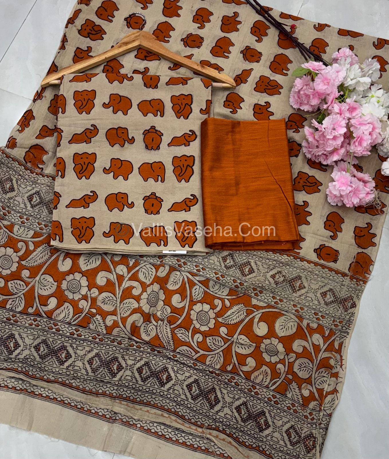 Unstitched Salwar Material -Kalamkari & Raw Silk - Orange Shade - VVUSM018